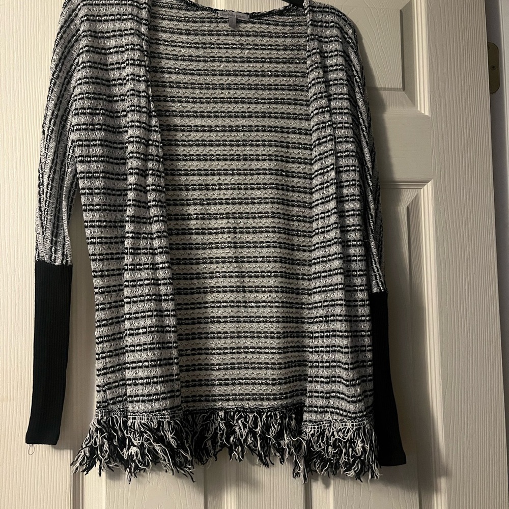 Charlotte Russe Black and White Cardigan with Bohemian Fringe